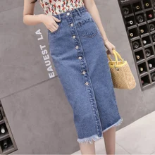 Весенне-летняя джинсовая юбка с высокой талией, женские модные джинсовые юбки с пуговицами, длинная Повседневная прямая юбка с разрезом, юбки для девочек большого размера