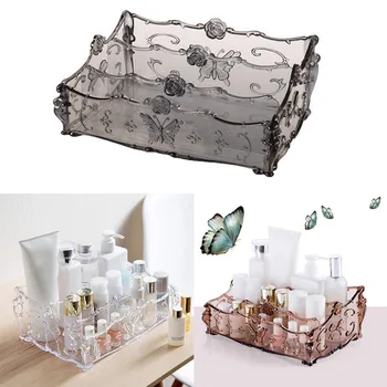 

Organizer Women Makeup Organizer Transparent Gray /Coffee /White Storage Box Table Plastic Flower Carved Transparent Cosmetic