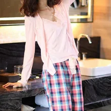 Модный бренд весна осень Сексуальная эмуляция Кружева Ночное белье хлопковая ночная рубашка из трех частей пижамный комплект для женщин