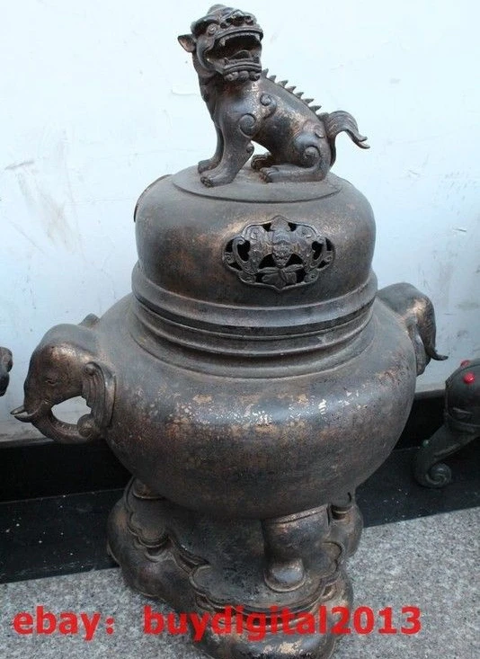Китайский Бронзовый Foo Dog Лев Bat голова Слона Статуя Ладан курильница