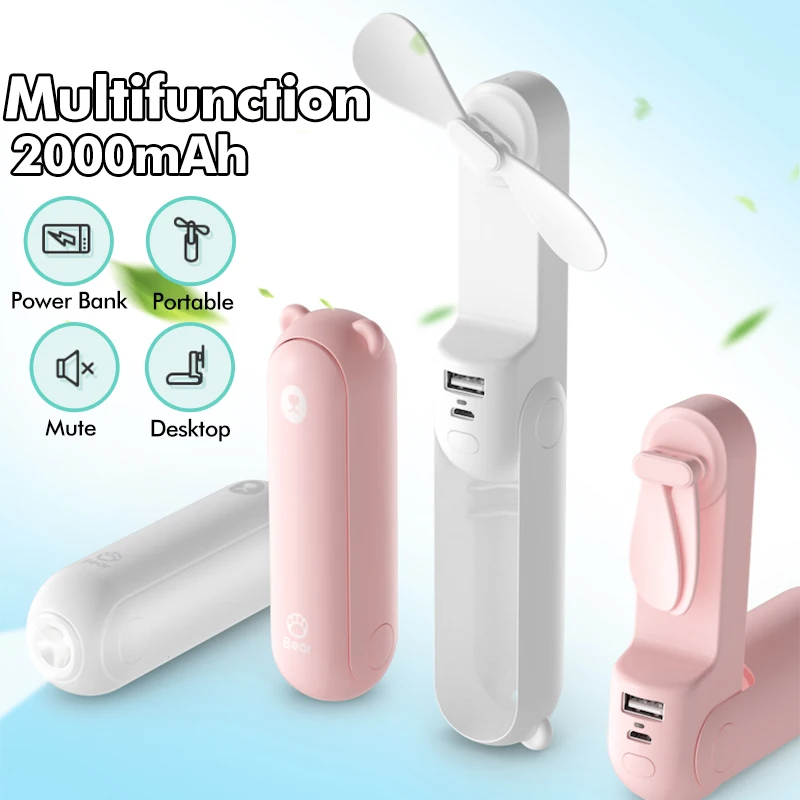 

Portable Handheld Fan Rechargeable Built-in Battery 2000mAh USB Port Handy Mini Folding Fan Power Bank with Flashlight Function