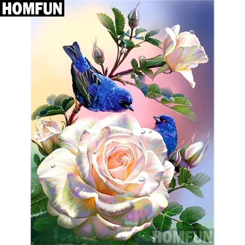 HOMFUN Voll Platz Runde Bohrer 5D DIY Diamant Malerei Rose Vogel 