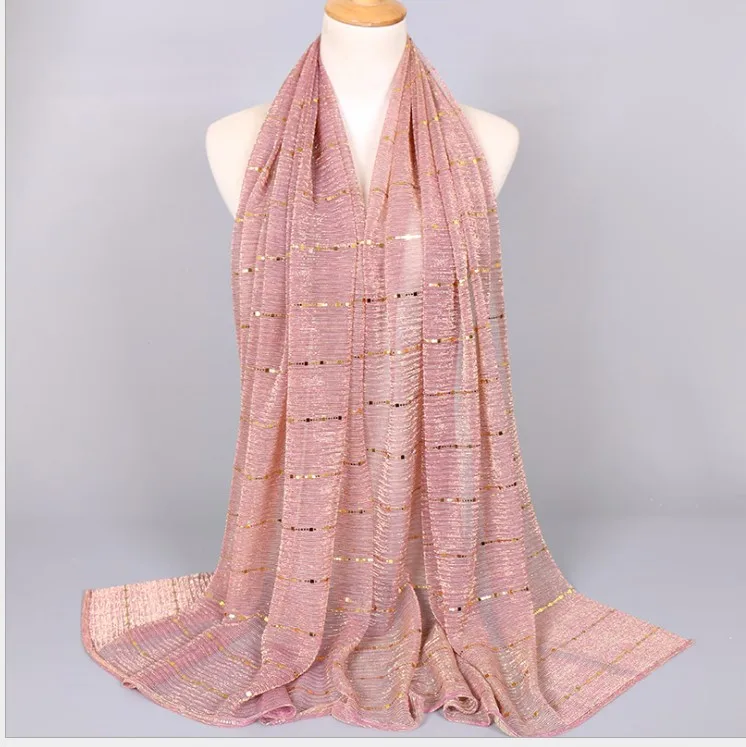 Модная блестящая длинная шаль, шарф, свадебная вуаль для женщин, вискоза, блестки, морщинка, люрекс, повязка на голову, Исламские мусульманские хиджабы, Ультралегкая - Цвет: 2 dark snow bud