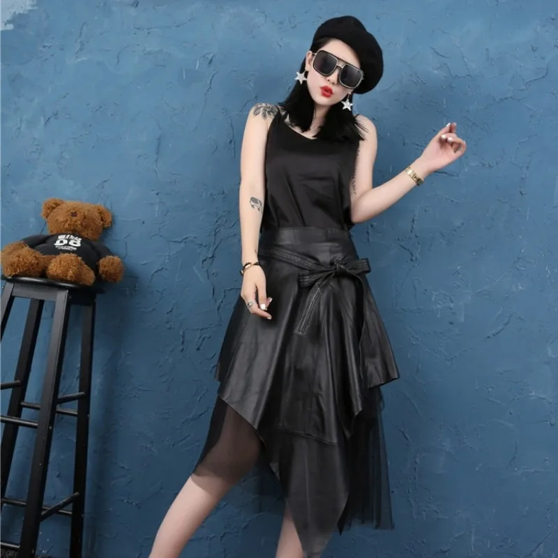 Winter Korean Lady Genuine Leather Skirts With Belt Woman Sheepskin Real Leather Patchwork Irregular Slim Pleated A-Line Skirts