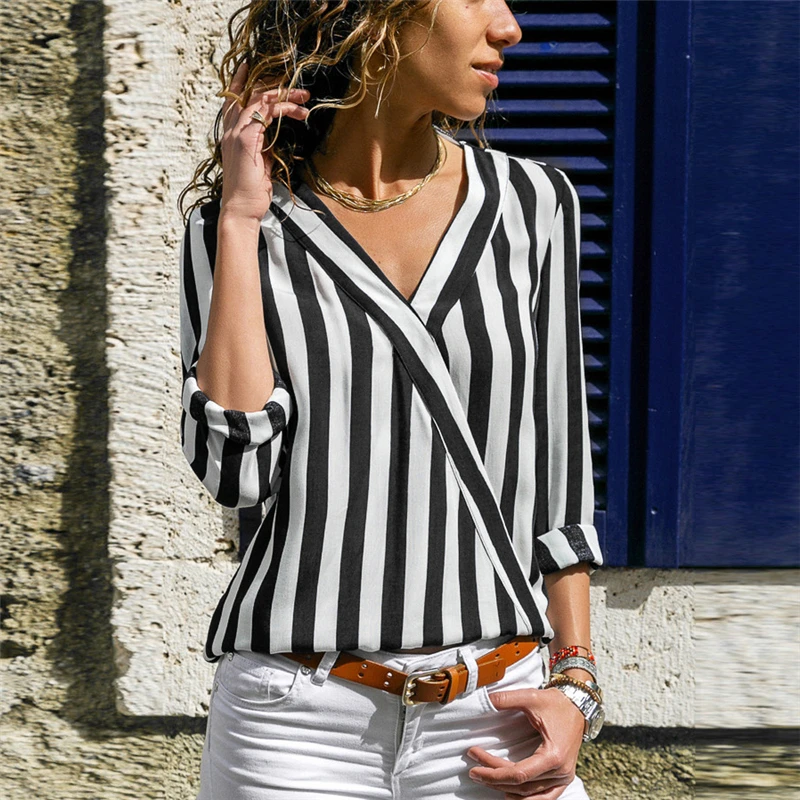 Летняя модная полосатая женская блузка, рубашка с v-образным вырезом и длинным рукавом, повседневные блузки, женские облегающие пляжные блузы, Рубашки, Топы