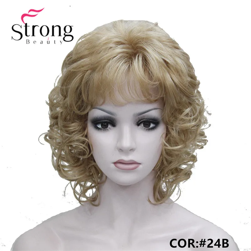 E-1560A #24BNew Elegant Golden Blonde Curly 14 Short Synthetic Hair Full Women's Wig (1)_