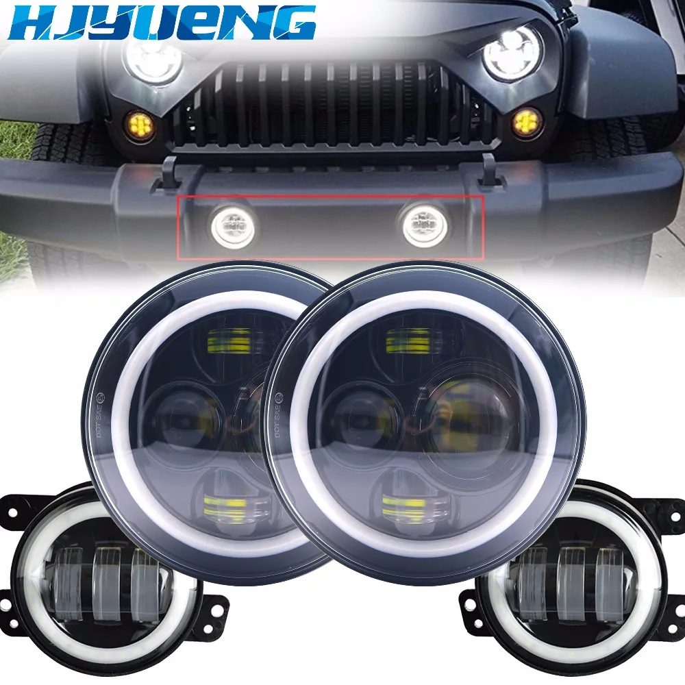 

For Jeep Wrangler JK LJ 7inch LED Headlights/ White DRL/Amber Turn Signal + 4 inch LED Fog Lights White DRL Halo Ring