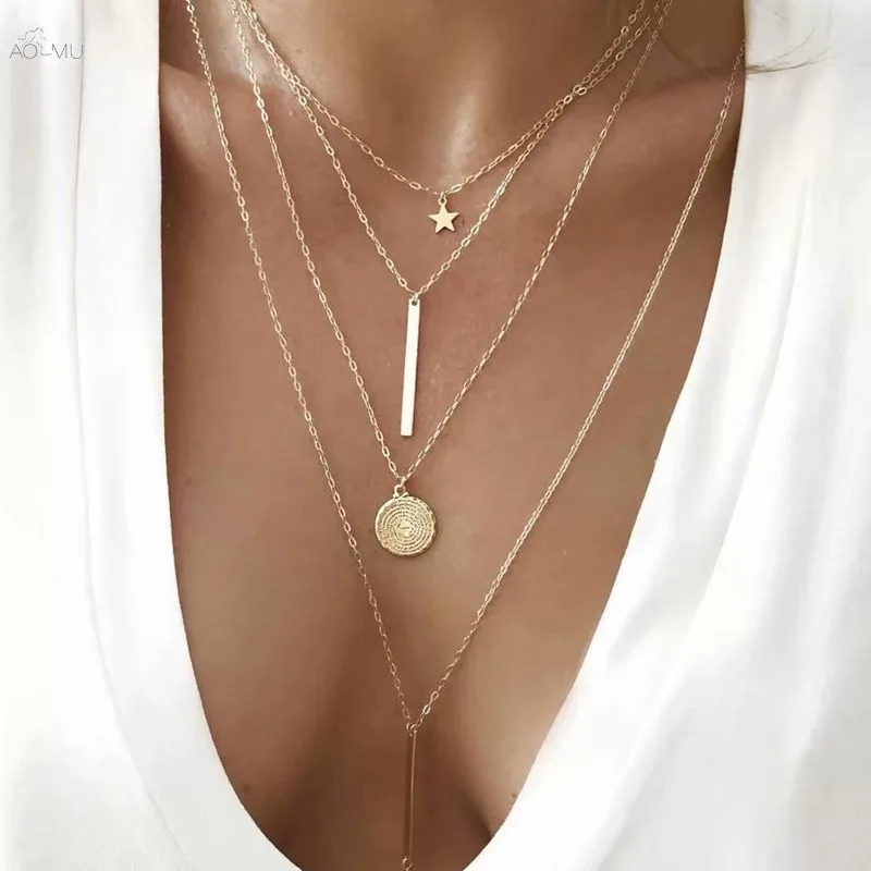 

AOMU Multilayer Geometric Tassel Long Chain Pendant Choker Necklaces Water Drop Moon Star Metal Gold Color Jewelry