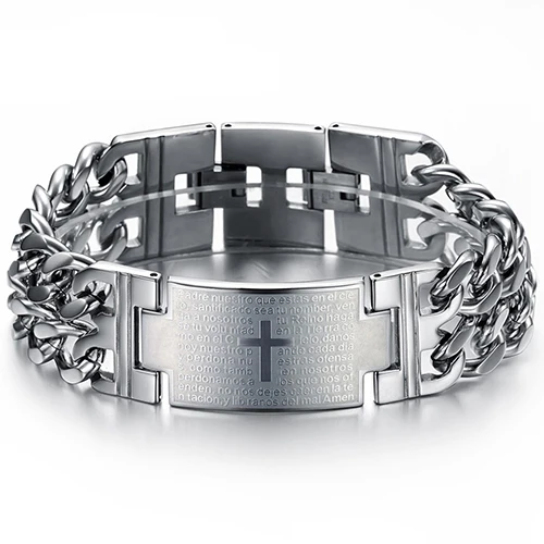 

Bluelans Fashion Bible Cross Letter Carved Men Cool Titanium Steel Link Wrist Bracelet