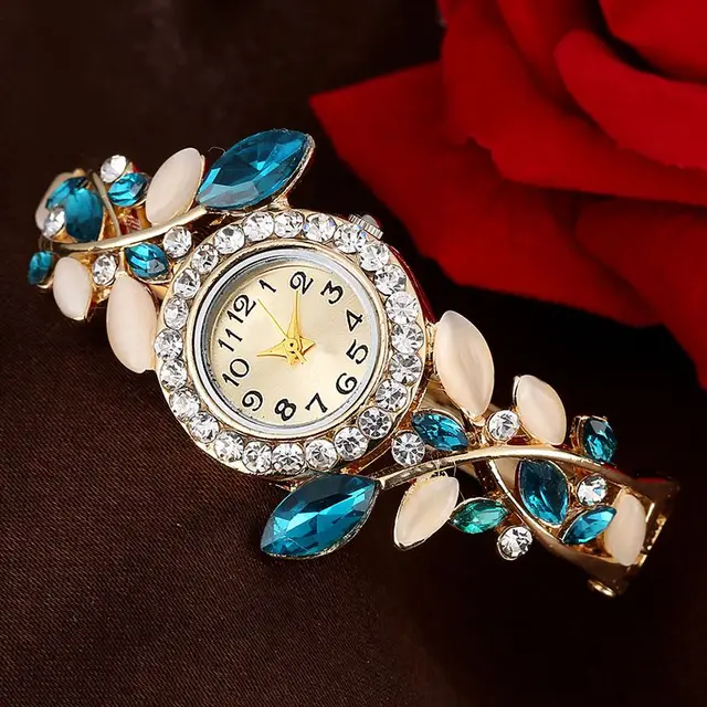 Women Crystal Leaf Shape Bracelet Watches Luxury Rhinestone Wristwatch Gold Quar Women Crystal Leaf Shape Bracelet Watches Luxury Rhinestone Wristwatch Gold Quar