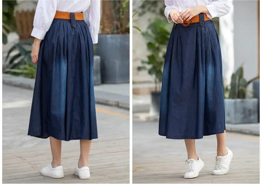 DTYNZ женские юбки размера плюс длинные джинсовые юбки с высокой талией летняя Макси-юбка плиссированная Женская винтажная S/6Xl Saias Свободная юбка S6