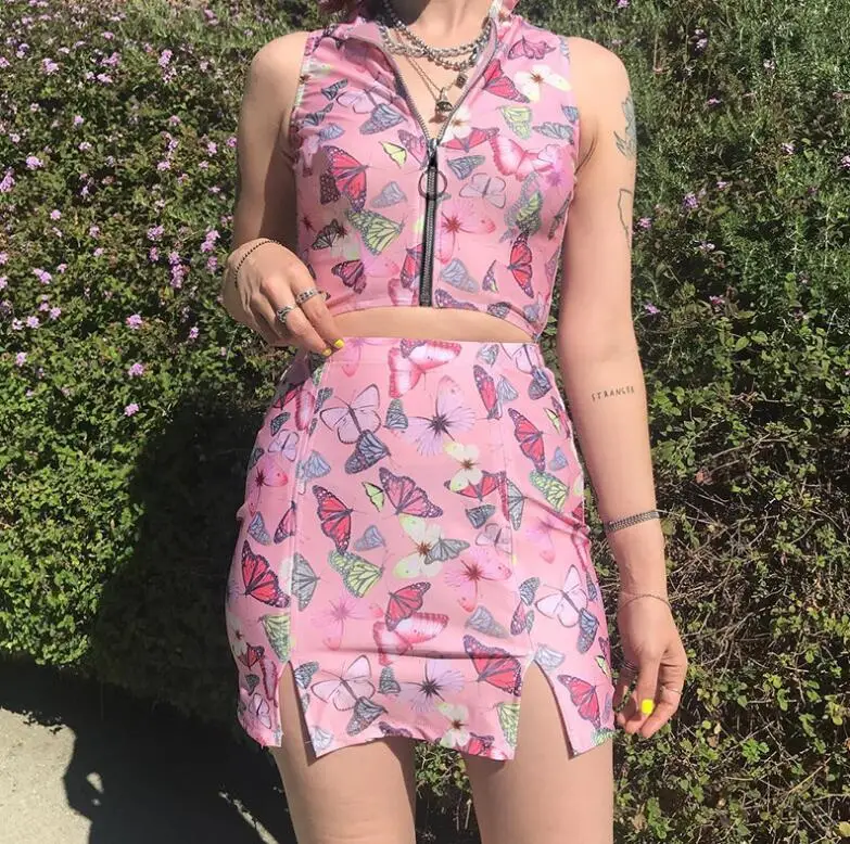 

Summer Butterfly Animal Printing Zipper Pink Tank Top + High Waist Skirt two set