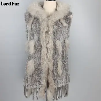 

(TopFurMall) Lady Fashion Genuine Knitted Rabbit Fur Vest Waistcoat with Hoody and Tassels Women Real Fur Gilet Outerwear LF4005