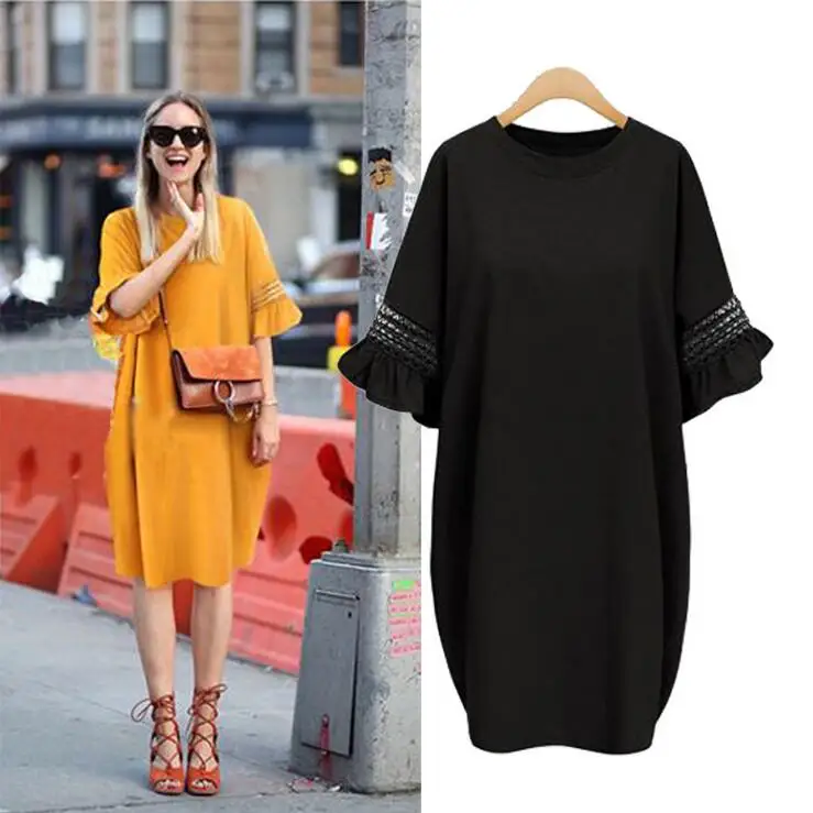 European Style Big Size Women Dress 2017 Summer Ruffles Sleeve Loose Dress M L XL XXL 3XL 4XL 5XL Plus Size Dress Black Mustard