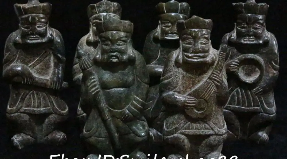 

8" Old Jade Sanxingdui Ancient Dynasty Qin Poetry Musical Instrument Set Statue