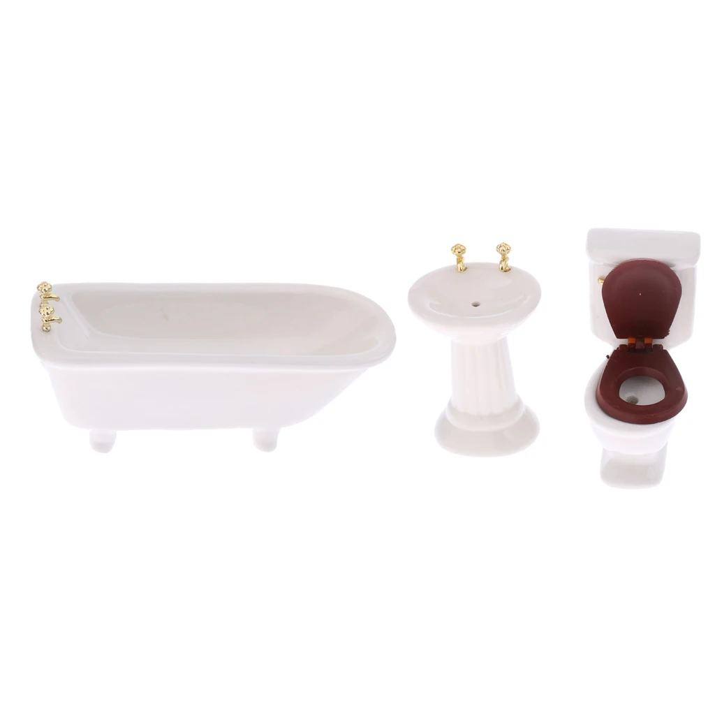 3pcs 1/12 White Ceramic Porcelain Bathroom Bathtub +Toilet +Basin Set Dollhouse Miniature Furniture Accs Pretend Play Toy Gift
