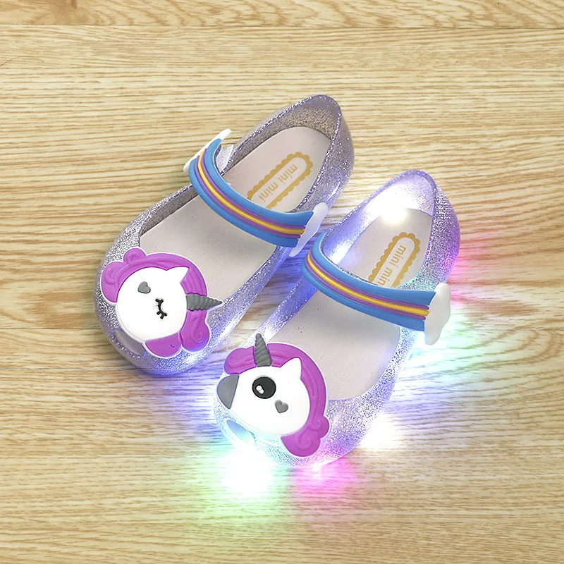 melhor 2018 Hot Sale Meninas Sapatas Dos Miúdos Sandálias Da Geléia LED Light Up Brilho Sapatos Unicórnio Menina Partido Unicórnio Unicórnio Vestido sandália