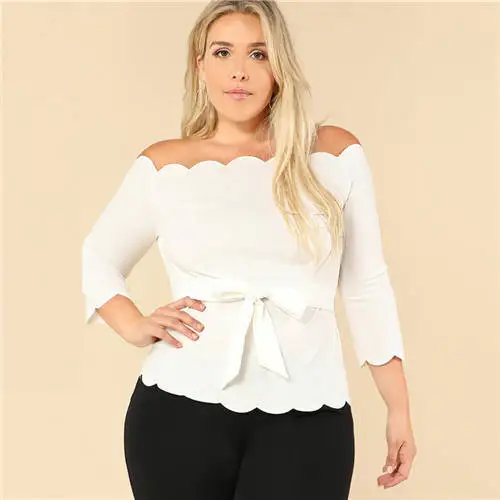 Sheinside Off the Shoulder Plus Size Beige Workwear Top Stretchy Petal Sleeve Belted Women Elegant Autumn Blouse - Цвет: Beige