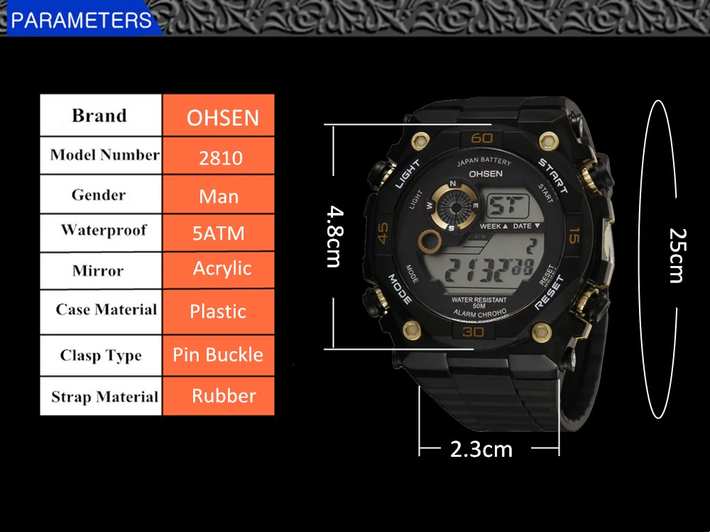 Известный Ohsen цифровой бренд lcd мужские наружные спортивные водонепроницаемые часы наручные часы силиконовый ремешок зеленые модные часы orologio uomo