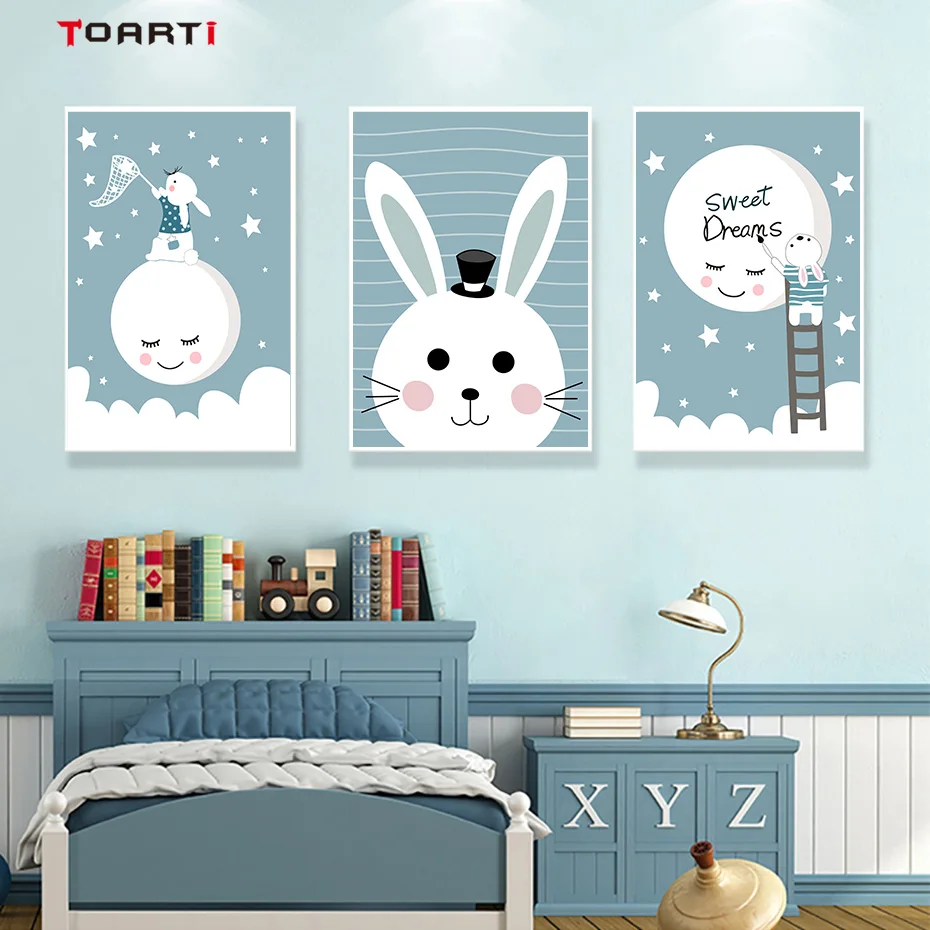 Cartoon Cute Rabbit Star Moon Canvas Art Painting (5)