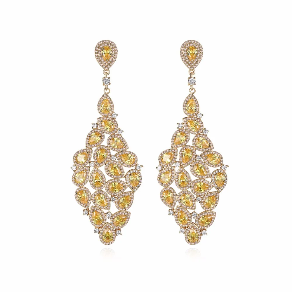 

Luxury Champagne Gold-Color Long Drop Earrings Golden Yellow Teardrop Zircon Crystal Female Big Jewelry Accessories Gift