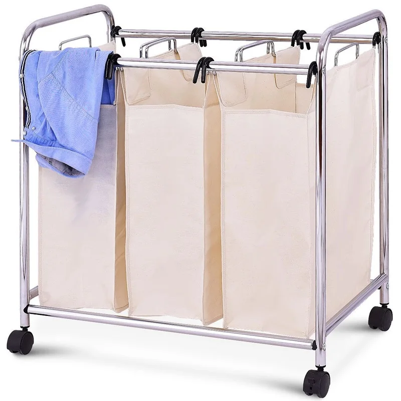 

3-Bag Laundry Cart Bathroom Hamper High Quality Chrome-plated Steel Frame with 360 Degree Swivel Wheels Laundry Basket HW55257