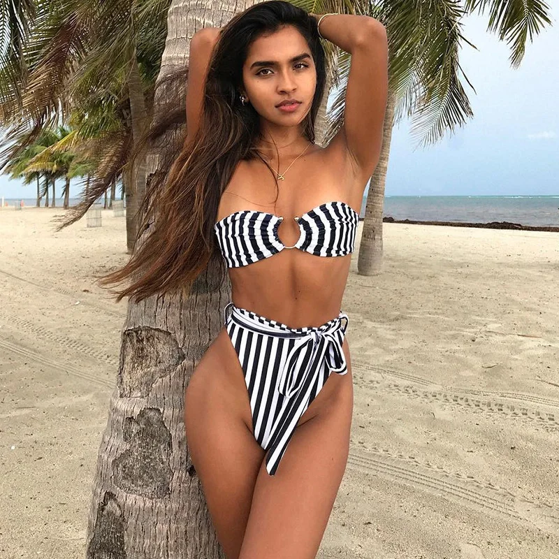 

Sexy Bikini 2019 Bandeau Push Up Swimwear Women Strapless Striped Swimsuit High Waist Bikini Set Swimming for Women Bathing Suit