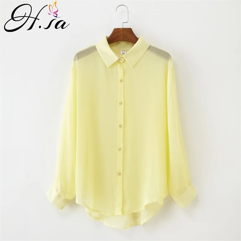 

H.SA 2019 Women Summer Blouses Long Sleeve Turn Down Collar Irregular Blusa and Tops See Through Chiffon Shirts Yellow White Top