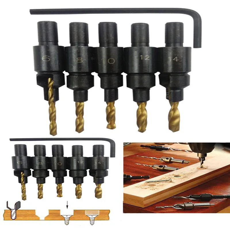 Hot 5pcs Hss Woodworking Ti Countersink Drill Bit Set Wood Countersinks