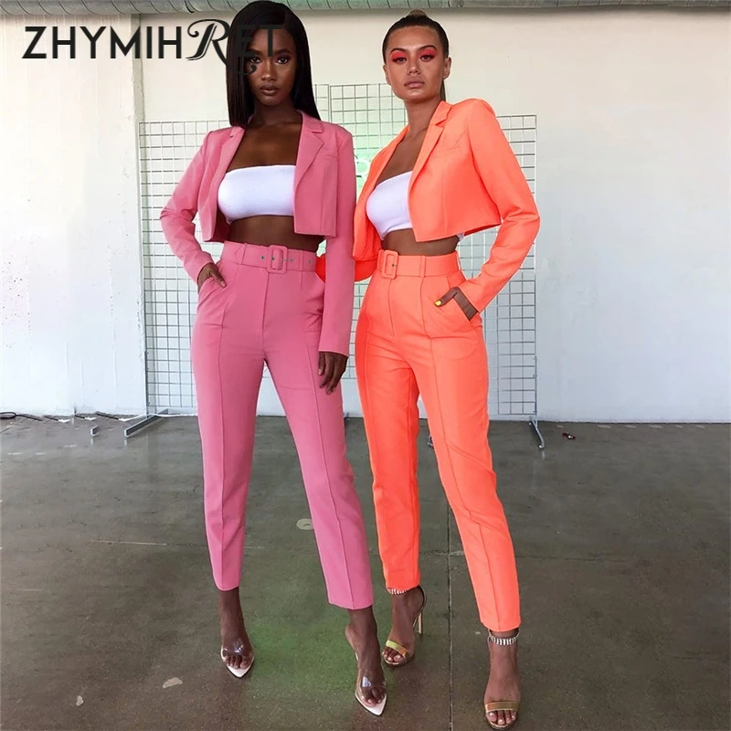

ZHYMIHRET 2019 Autumn New Neon Color Blazer And Pants Women Suits With Belt Short Jacket Office Work OL Women Suits Office Sets