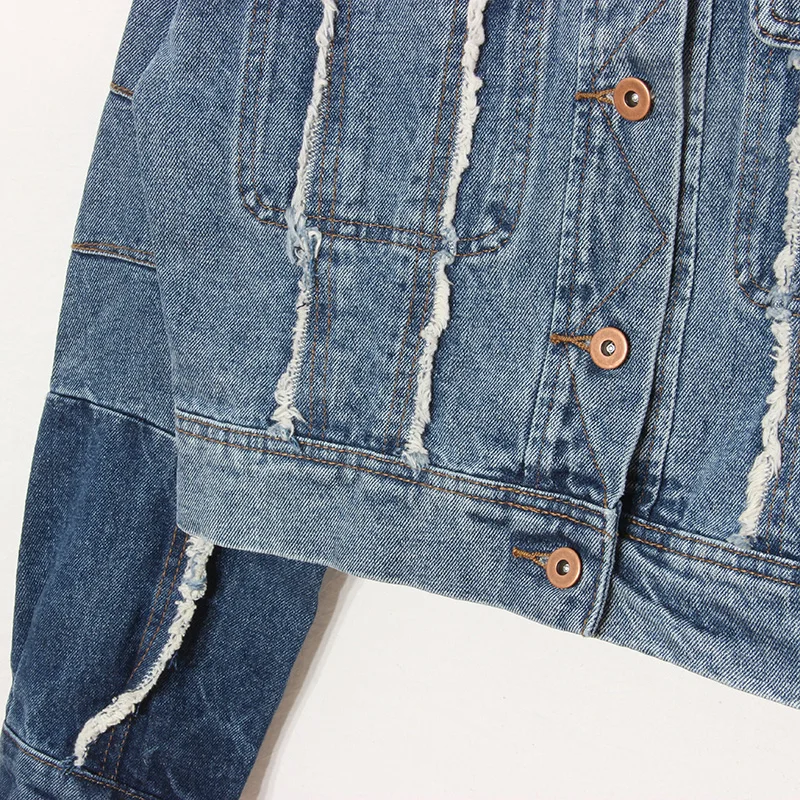 Vintage Femmes Taille Vestes Bleu Patchwork Large Demin Jeans High Manteaux Street Outerwears Courtes Coton fUqxwqTz