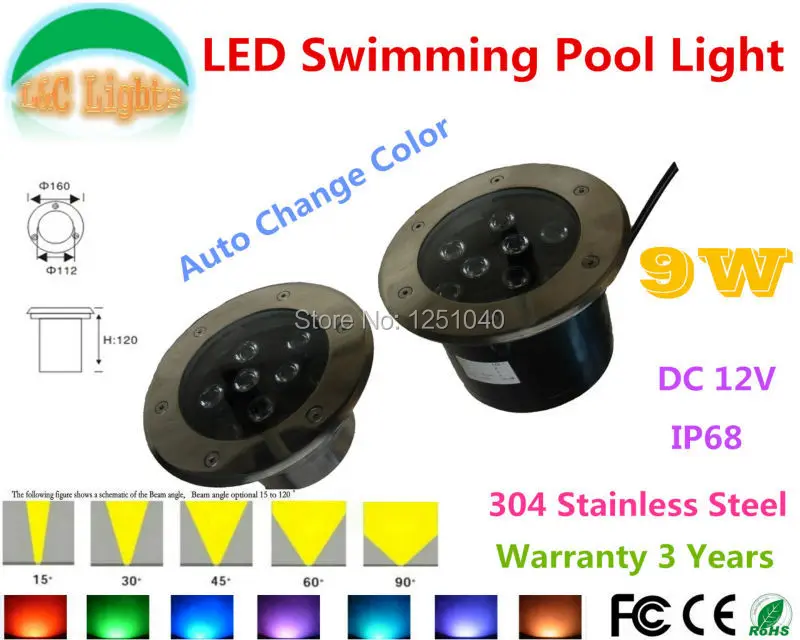 

Auto Change Color RGB 9W Outdoor Underwater LED Light 12V Waterproof IP68 Swimming Pool Lights CE RoHS Pond Lamps Fountain Lamp