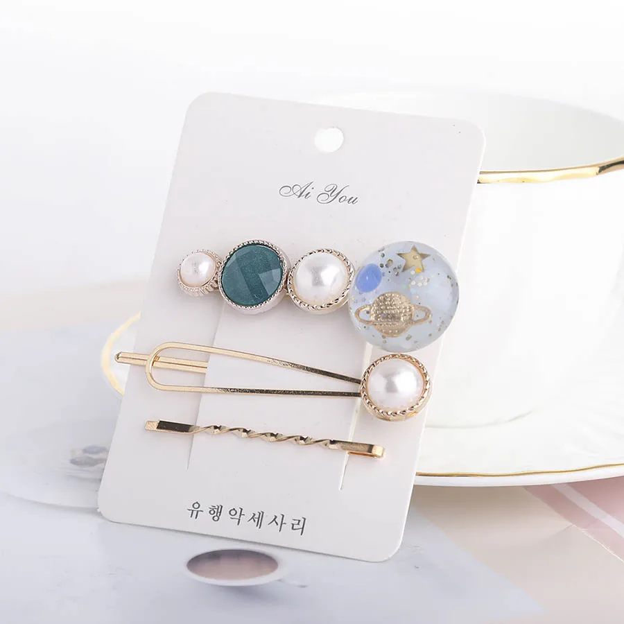 Haimeikang Korea Fashion Women Pearl Metal Hairpins Colorful Beads Hair Clips Barrettes Planet Shape Hair Styling Accessories - Цвет: Синий