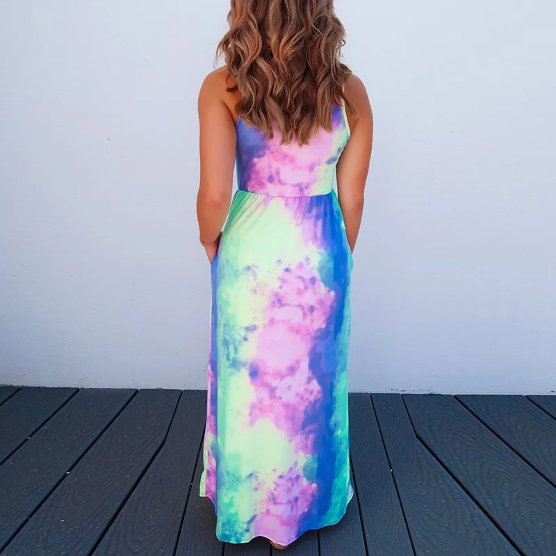 

New Ladies Dress Party Crew neck Fashion Pockets Casual Printed Sundress Tie dye Ankle length Plus size Sleeveless Women Dresses