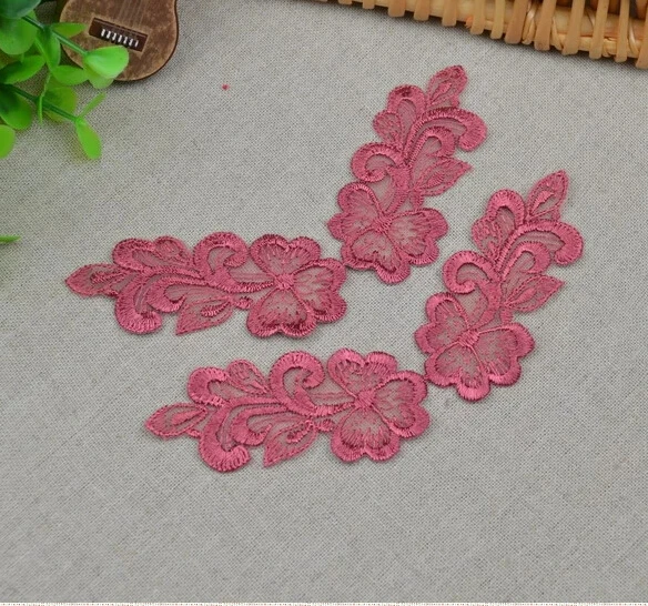 

4 Pair/8 Pieces 13*3cm Vintage Red Flower Sewing Sew On Lace Appliques Patch Free Shipping
