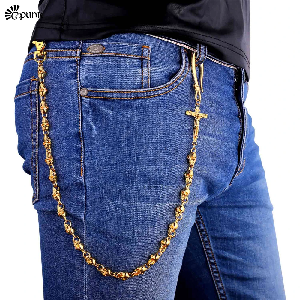 Mens Jean chains Punk Belt cross Skeleton Waist Chain Gold color  accessories Black chain Wholesale Jewelry BC5G