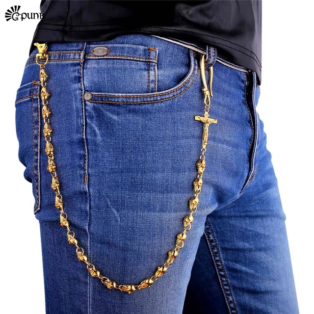 Mens Jean chains Punk Belt cross Skeleton Waist Chain Gold color