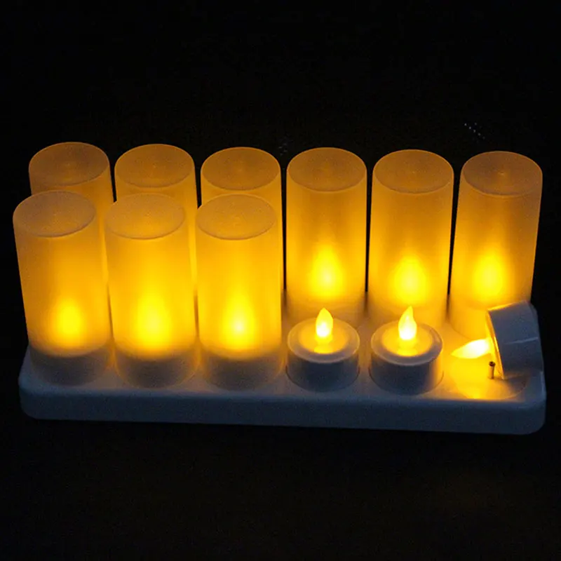  Rechargeable LED Flameless Candles 12 pcs Yellow Flame Energy Safe LED Tea Lights With Charge Base  - 32913457941