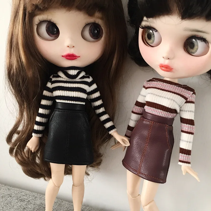 

Doll's Blyth Clothes Stripe Long Sleeve Shirt/Pu Leather Skirt for blyth azone Barbies dress for 1/6 doll Clothes accessories