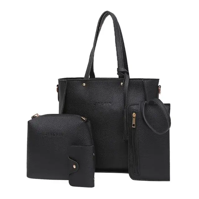 4pcs//set Litchi Leather Tassel Women Tote Shoulder Handbag Clutch Card Bags
