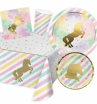 

24 Sets Foil Gold Unicorn Paper Party Tableware Unicorn Birthday Decor Party Plates Cups Napkin Serviette Happy Birthday Banner
