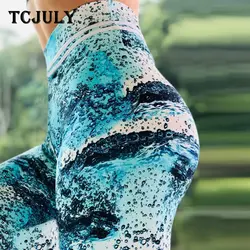 TCJULY синие волнистые узоры печати высокая Талия Леггинсы спортивные женские фитнес дышащие быстросохнущие эластичные тонкие брюки для