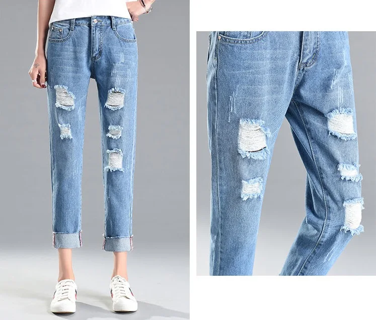 lt blue jeans Женские джинсы из джинсовой ткани с потертостями рваные джинсы брюки с высокой талией брюки до щиколотки подростковые джинсы - Цвет: lt blue jeans