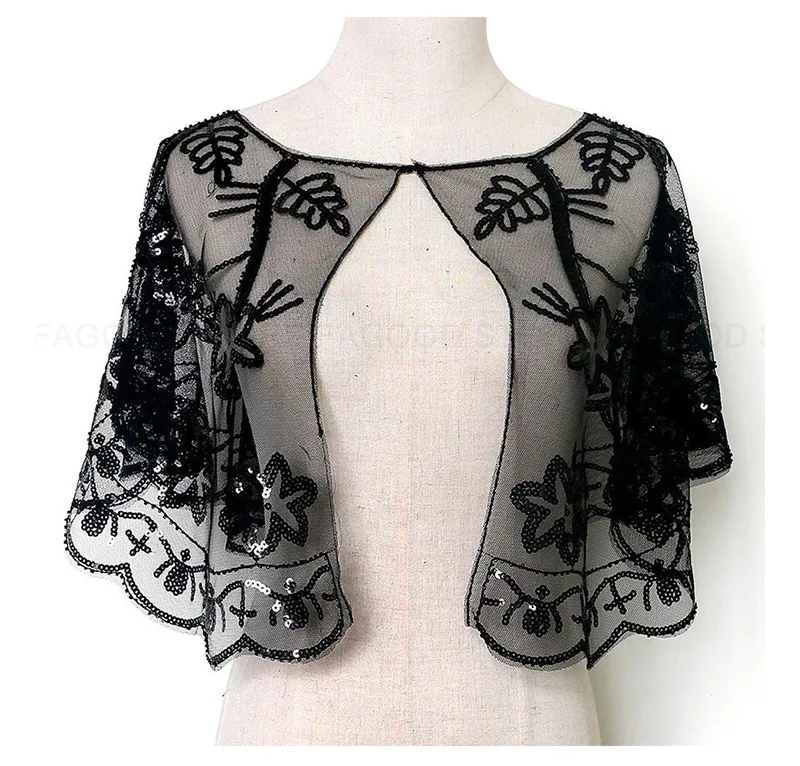 Women Glittering 1920s Shawl Wraps Sequin Beaded Evening Cape Bolero Flapper Cover Up (16)