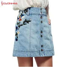 Цветочная вышивка Базовая Высокая талия синяя джинсовая юбка Лето винтажная Цветочная короткая юбка на пуговицах Повседневная Уличная Женская юбка