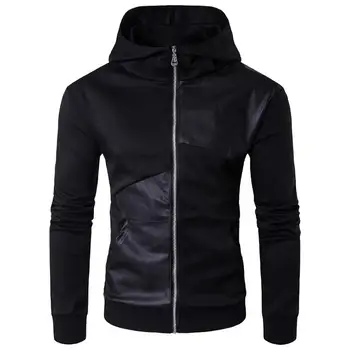 

Newest Autumn Winter Men Coats Stylish Zip Stand Neck PU Leather Spliced Jacket Casual Slim Solid Long Sleeve Male Hoodie Coat