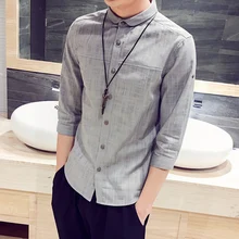 2018 Summer New Fashion Men s Casual Pure Color Flax Shirt Large size Summer Men s
