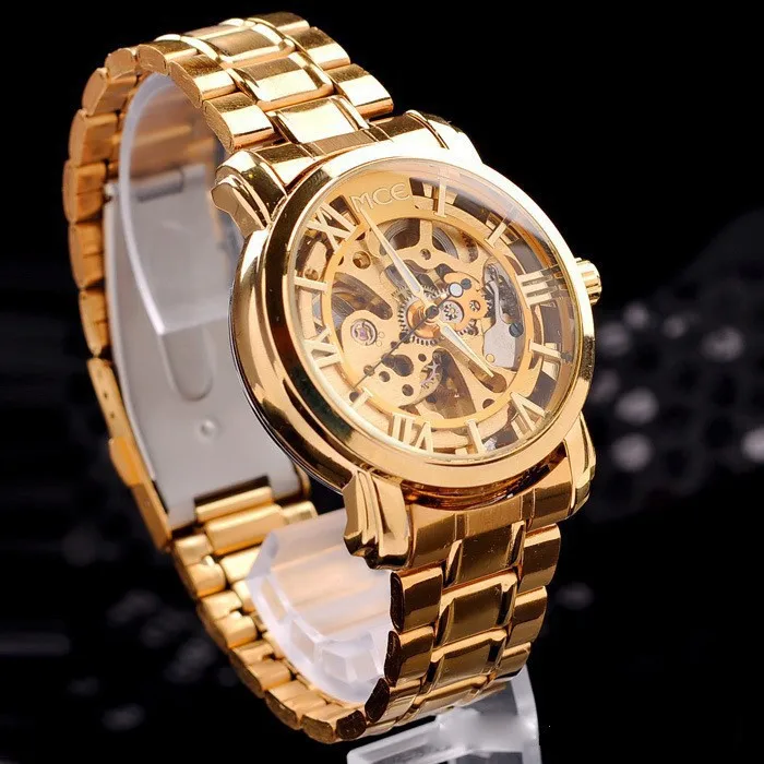 New 2015 Hot Hollow Gold Watch Self wind Automatic Watch Famous MCE Relogios Stainless Steel Band
