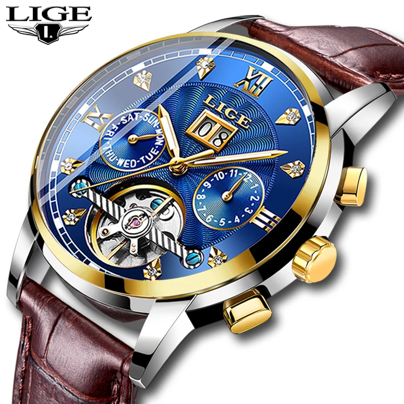 

LIGE Mens Mechanical Watch Stainless Steel Waterproof Diamond Mechanical Watch Business Waterproof Wristwatch Relogio Masculino