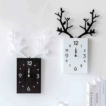 

Nordic Creative Antler Wooden Wall Clocks Living Room Home Decoration Square Mute Needle Clock